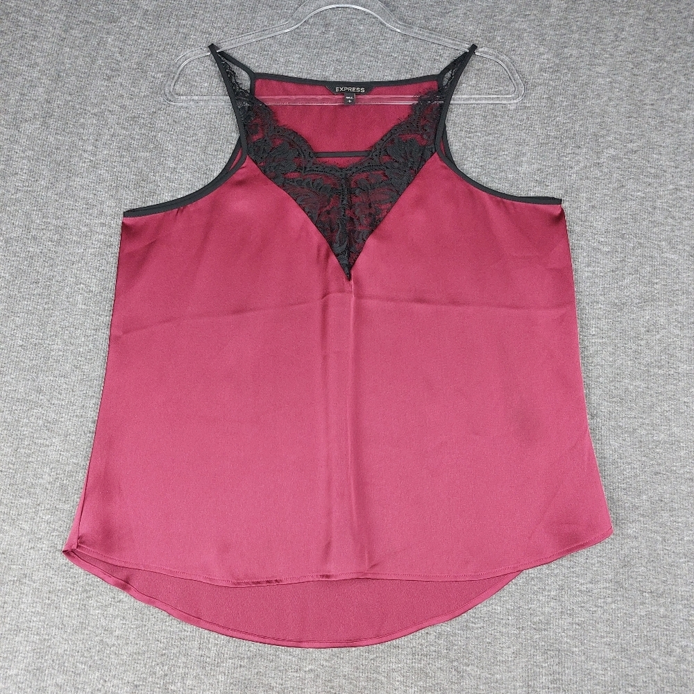 EXPRESS WOMENS Y2K MAROON BURGUNDY BLACK LACE TRIM SATIN CAMI TANK TOP SIZE L